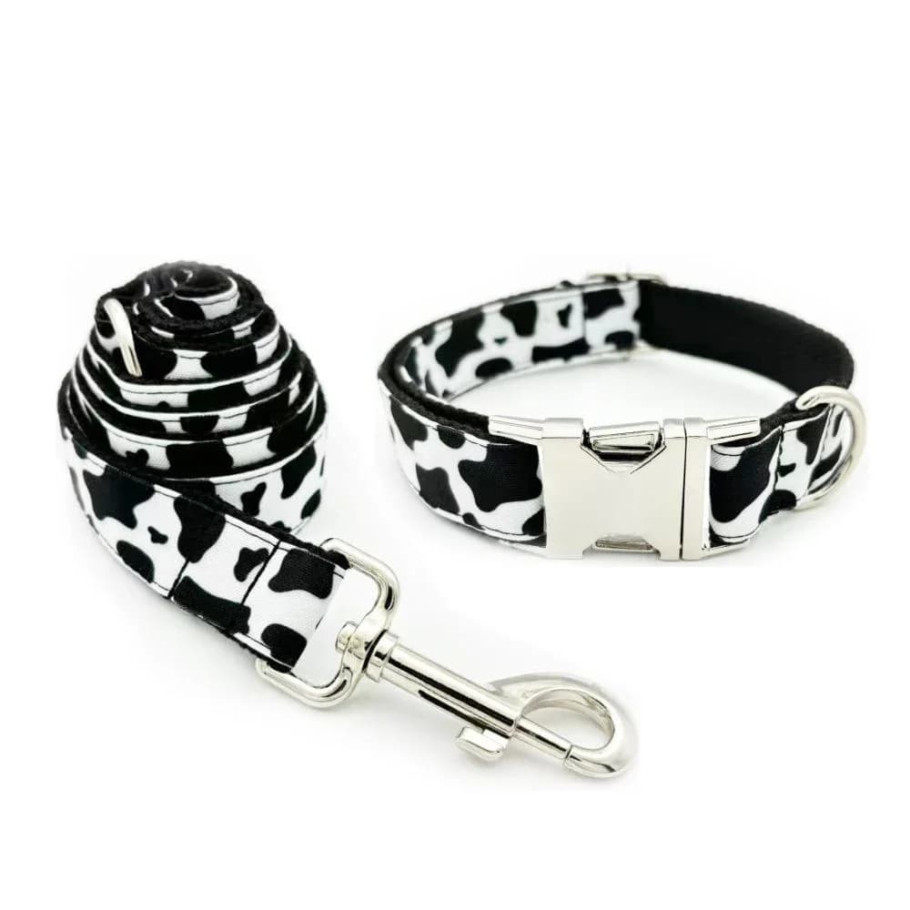 Collier personnalisé pour animaux de compagnie avec motif de vache, étiquette d'identification de chiot personnalisée, accessoire de chat réglable, colliers de chien de base noirs et blancs, laisse