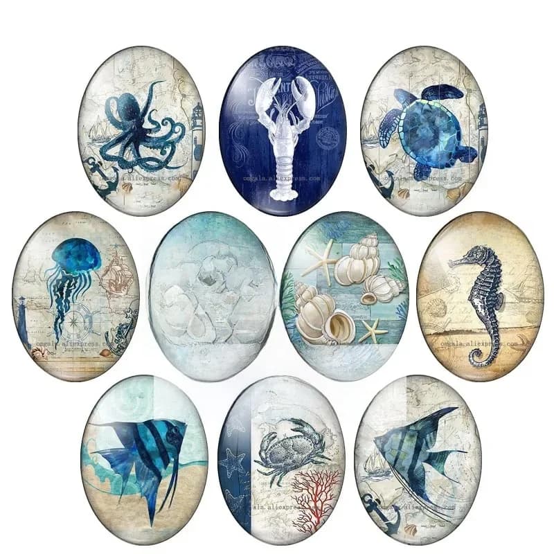 Cabochon Ovale en Verre avec Photo d'Animaux de Mer Vintage, Poisson, Hippocampe, Étoile de Mer, Coquillage 13x18mm/18x25mm/30x40mm
