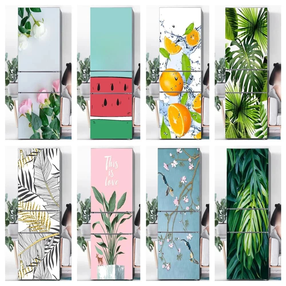 Autocollant de réfrigérateur en vinyle rond avec plante 3D, couverture de porte en PVC, papier peint autocollant, autocollant mural perfecgel, décoration d'intérieur