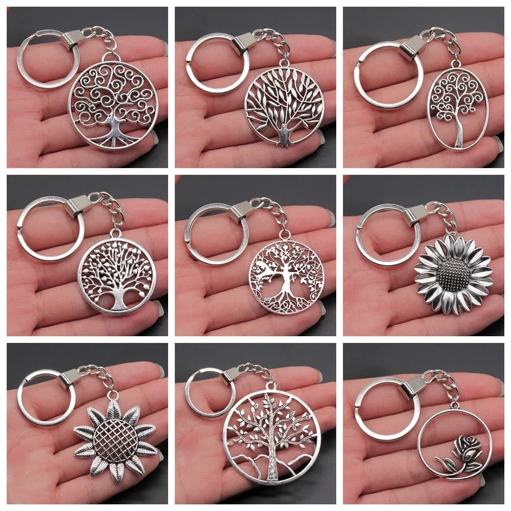 Porte-clés en alliage métallique pour hommes, 30mm, bricolage, chaîne Vintage, cœur, fleur, Rose, arbre de tournesol, pendentif, nouvelle mode