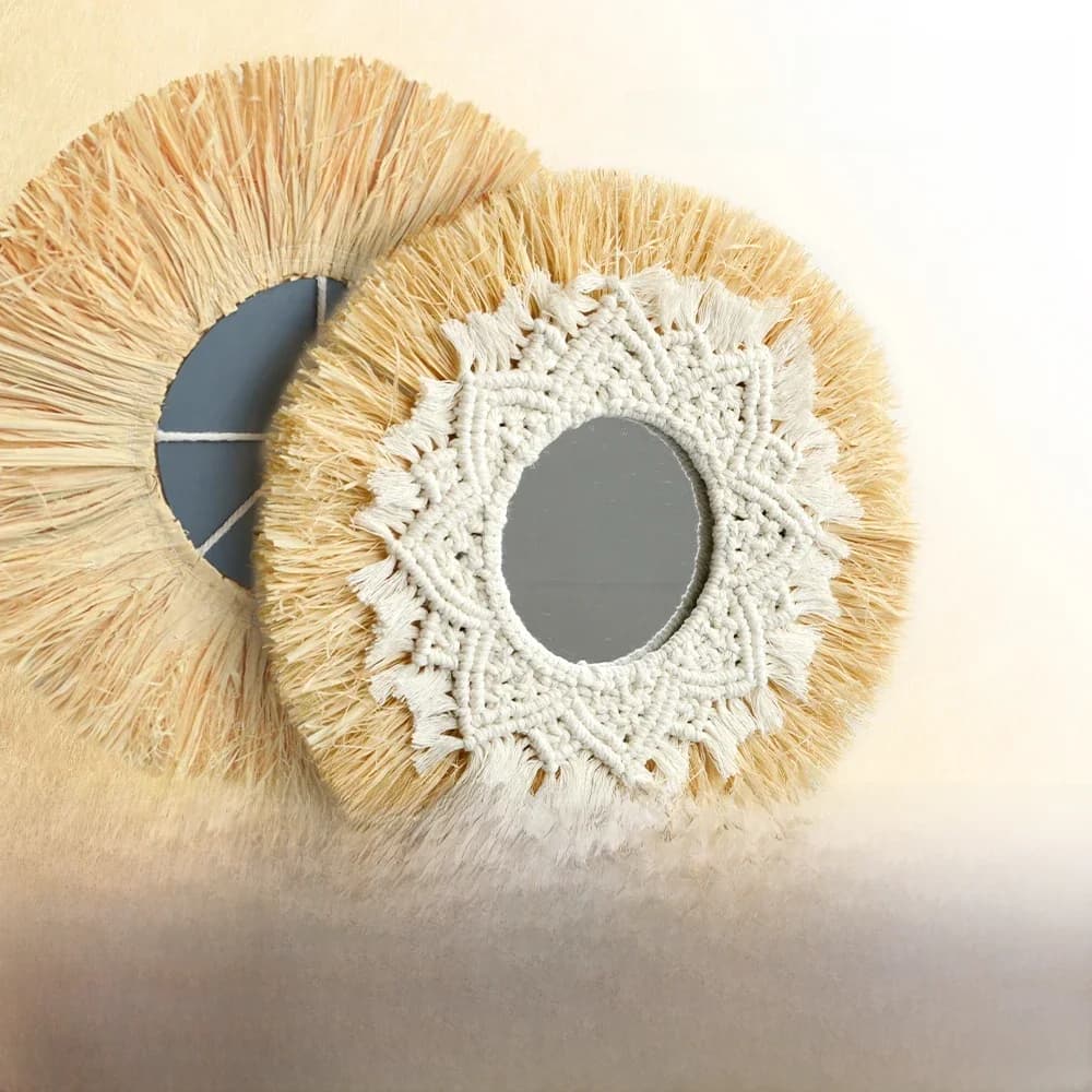 Boho décoration de la maison paille tissé à la main miroir décoration murale décoration de la maison miroirs chambre macramé tenture murale
