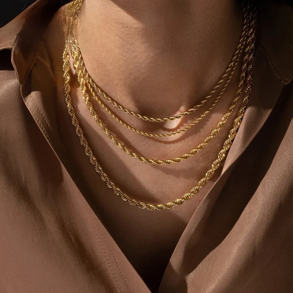 EMANCO Collier chaîne en corde 2/3/4/5MM en acier inoxydable, ne ternit pas, étanche, ras de cou pour hommes et femmes, bijoux couleur or, cadeau