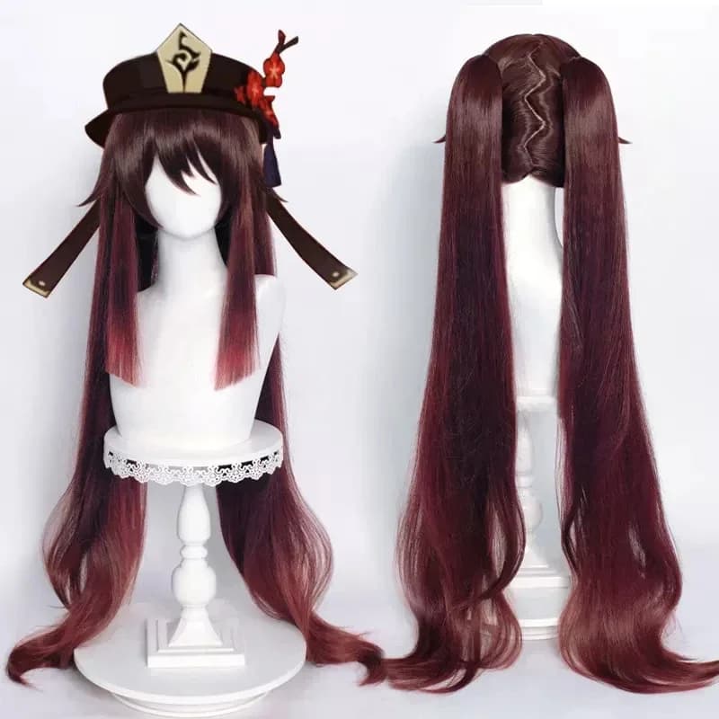 Haute qualité jeu Impact HuTao Cosplay perruque Hu Tao 110 cm longue queue de cheval marron résistant à la chaleur synthétique cheveux perruques + WigCap