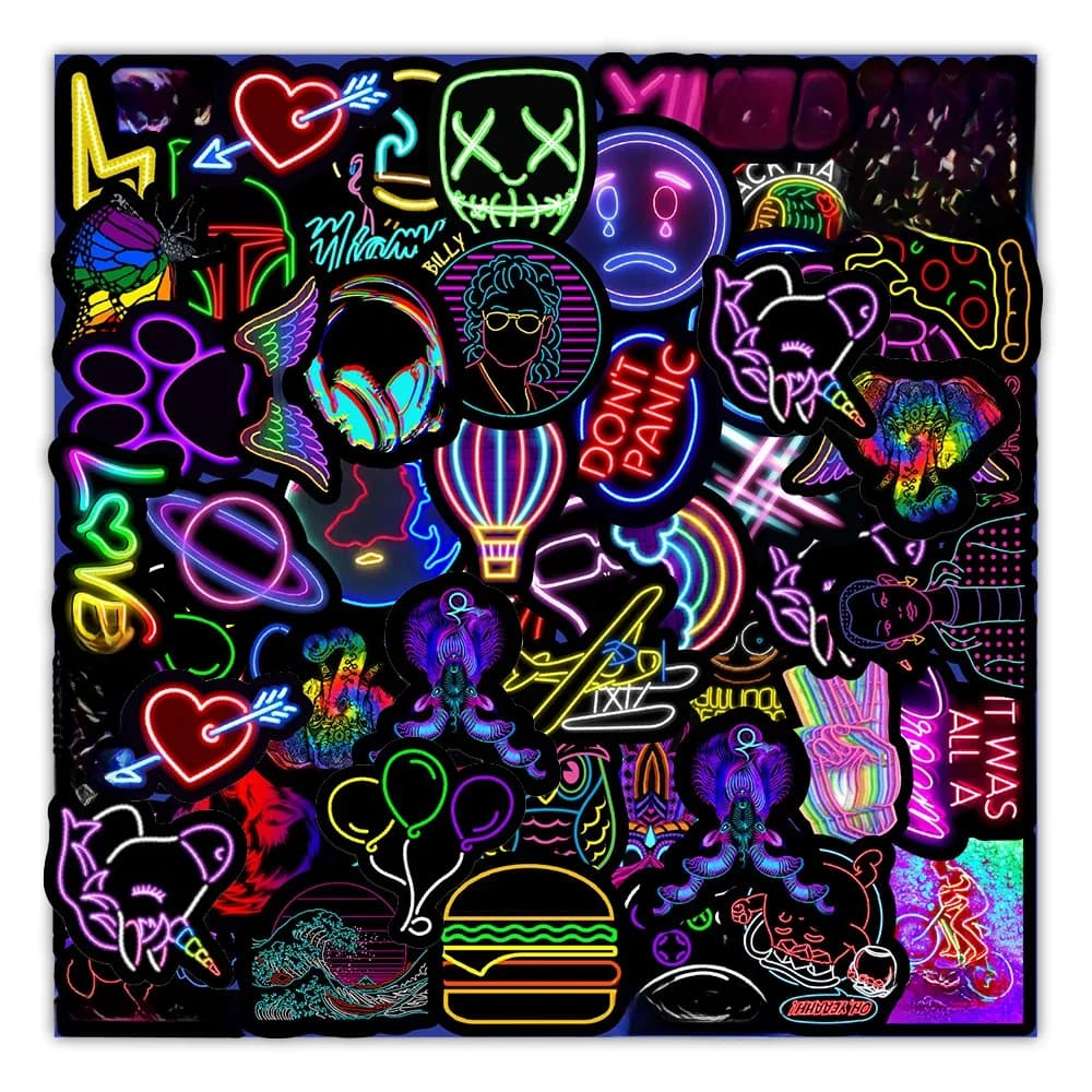Autocollants Graffiti dessin animé néon pour enfant, étiquette de voiture, guitare, moto, valise, jouet classique, DIY bricolage, 10/30/50 pièces