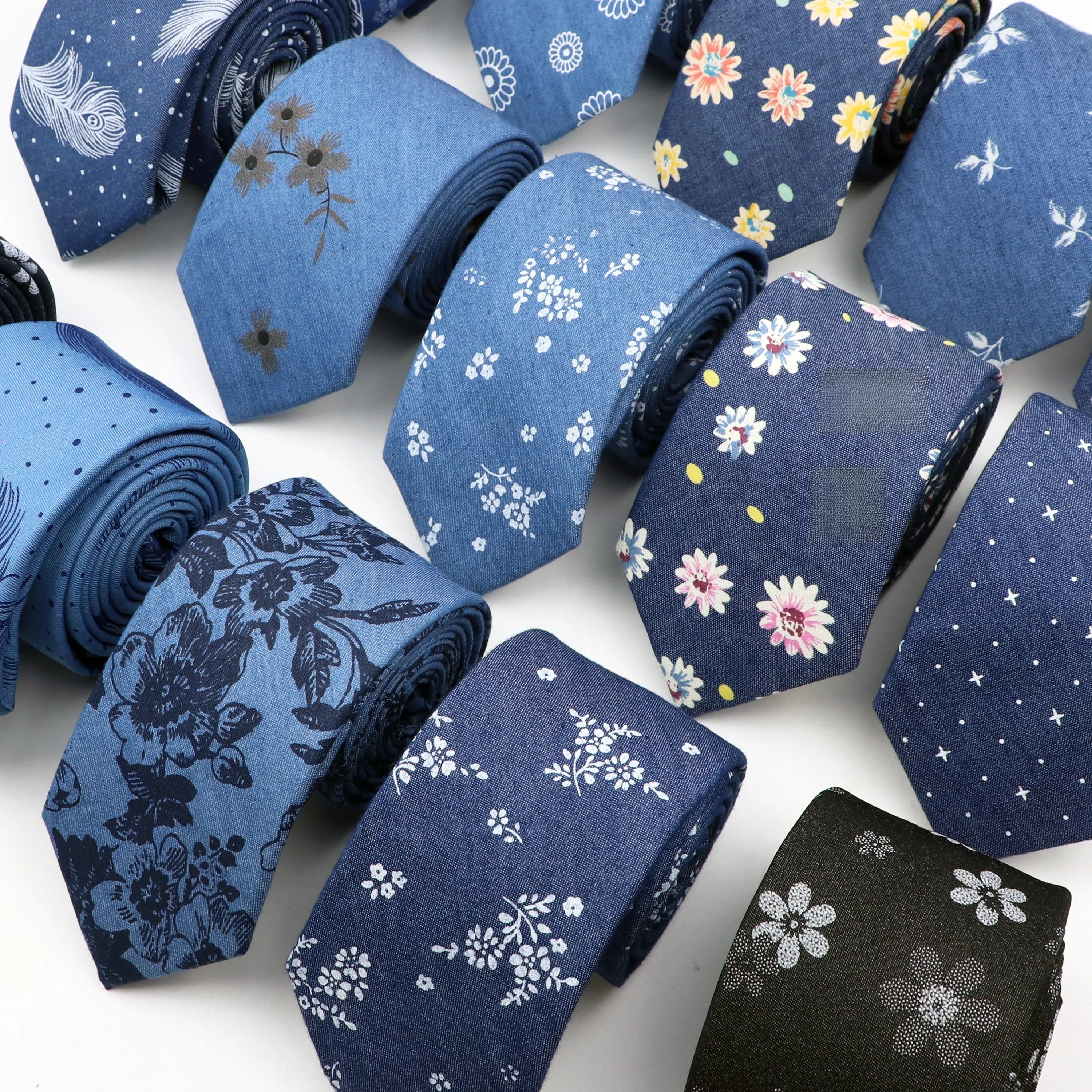 Nouveau coton Denim cravates pour hommes 7CM plume florale point bleu cou cravate pour fête de mariage décontracté imprimé mince cravates usage quotidien cadeau
