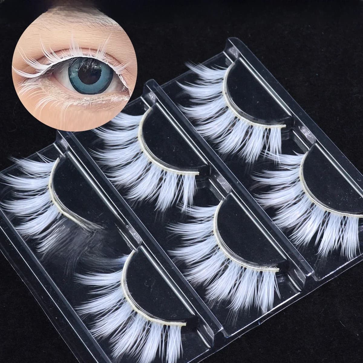 3 paires de faux cils blancs en dentelle moelleuse, colorés, en soie végétalienne, pour poupée, Cosplay, fête, maquillage d'halloween