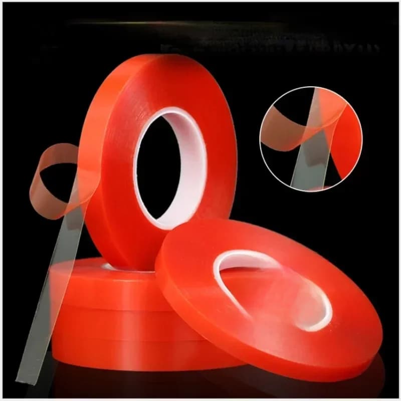 Adhésif acrylique fort 0.2MM 50M, Film rouge PET 1/2/3/5/10mm, bande Double face transparente sans Trace pour téléphone tablette écran LCD verre