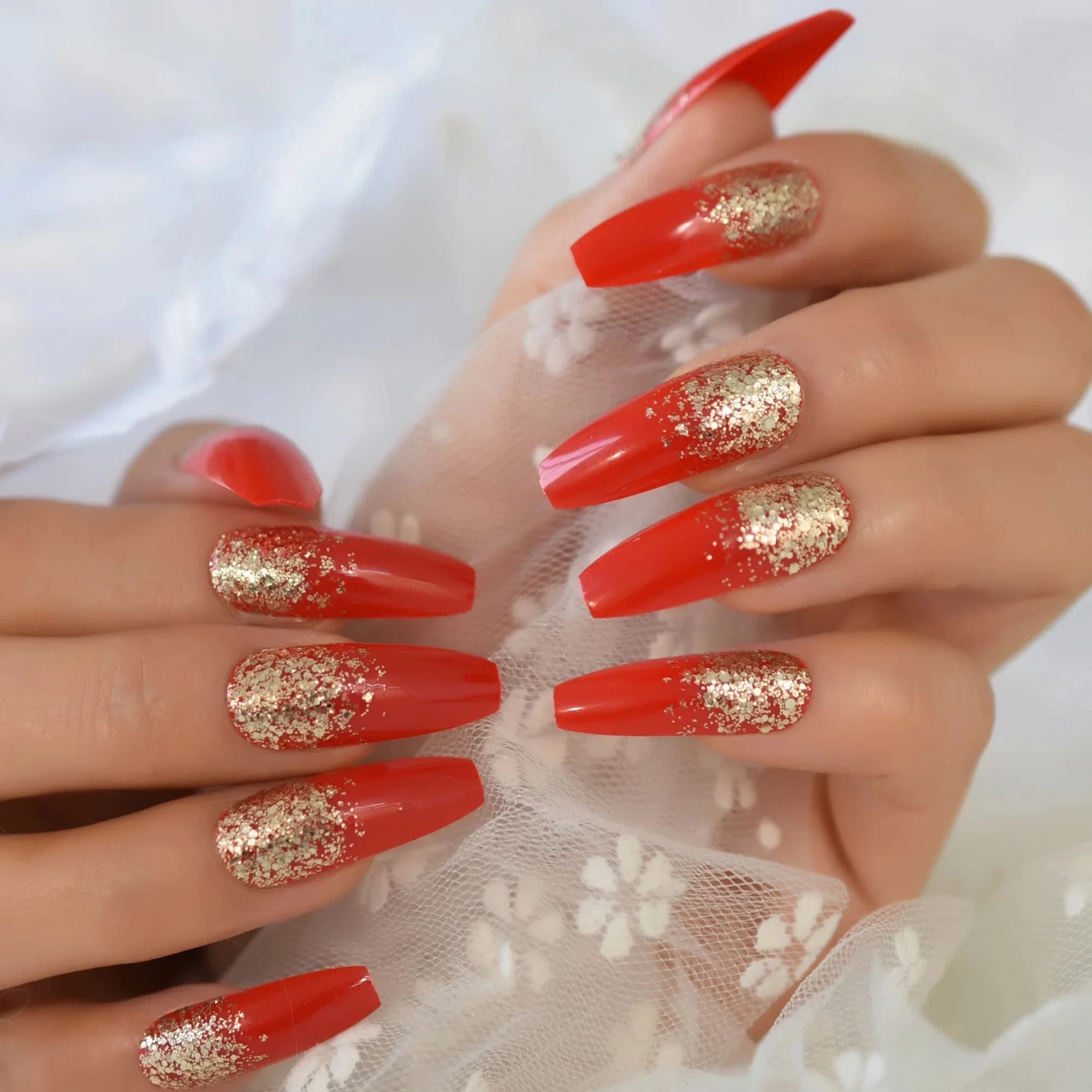 Faux Ongles Artificiels en Forme de Cercueil Extra Longs, Couleur Rouge Alberoise, Décoration à Paillettes Dorées, avec Poignées Amovibles, N64.N