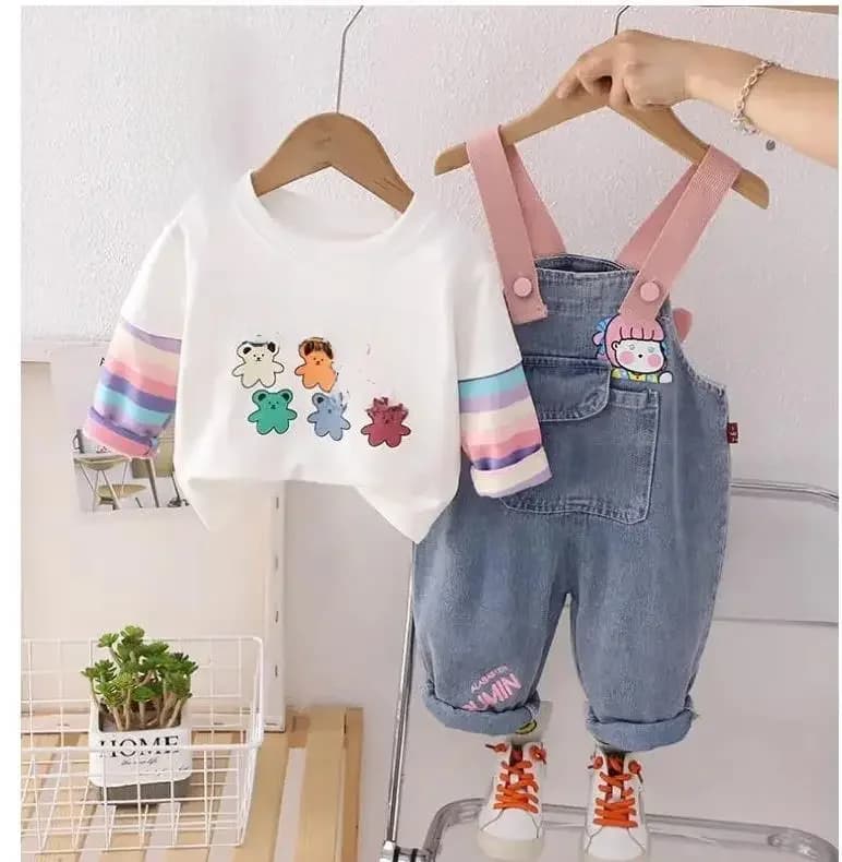 T-shirt et salopette rayé à manches longues pour fille