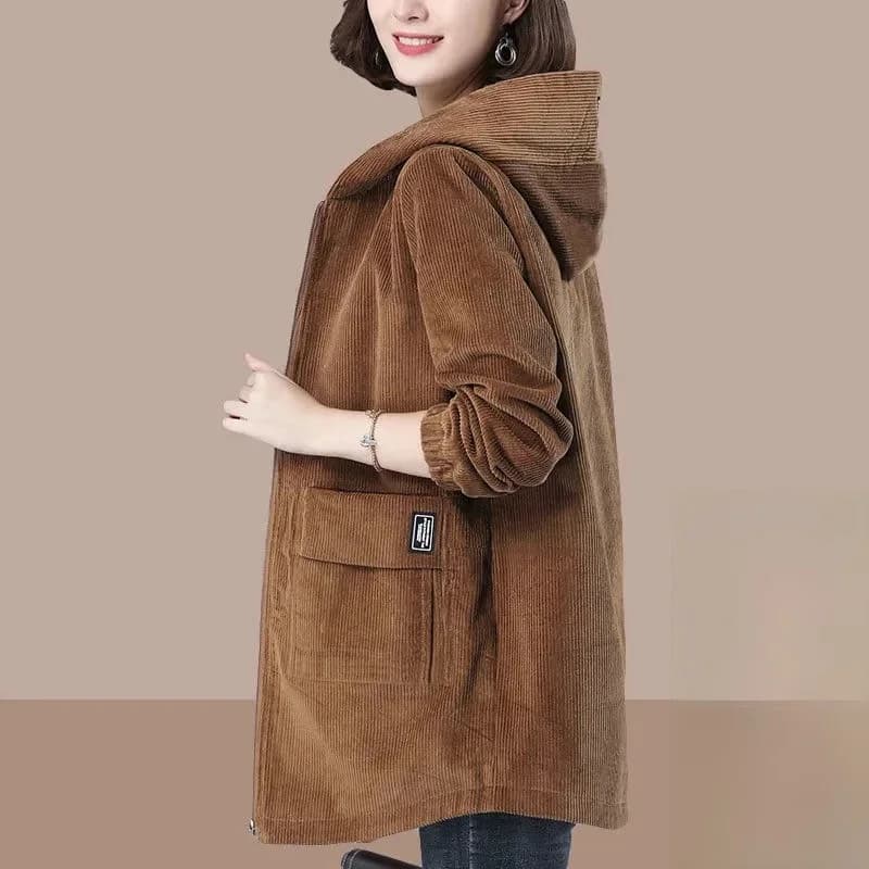 Veste coupe-vent en velours côtelé pour femme, mi-longue, collection automne-hiver 2026, épaisse et ample, à capuche, manteau chaud pour femme 351