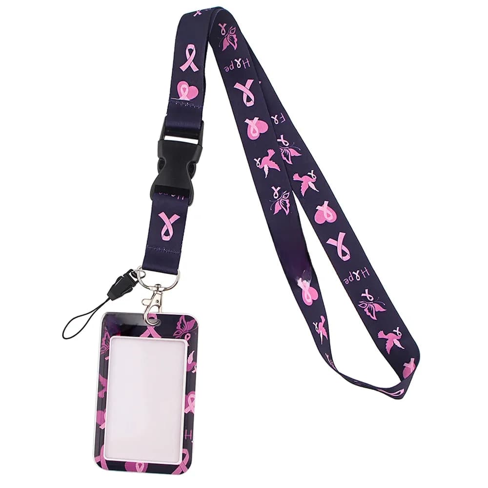 YL201 Porte-clés et porte-badge pour femme, motif ruban rose pour la lutte contre le cancer du sein, personnalisable, pour carte d'identité, permis, clés de voiture, téléphone portable et salle de