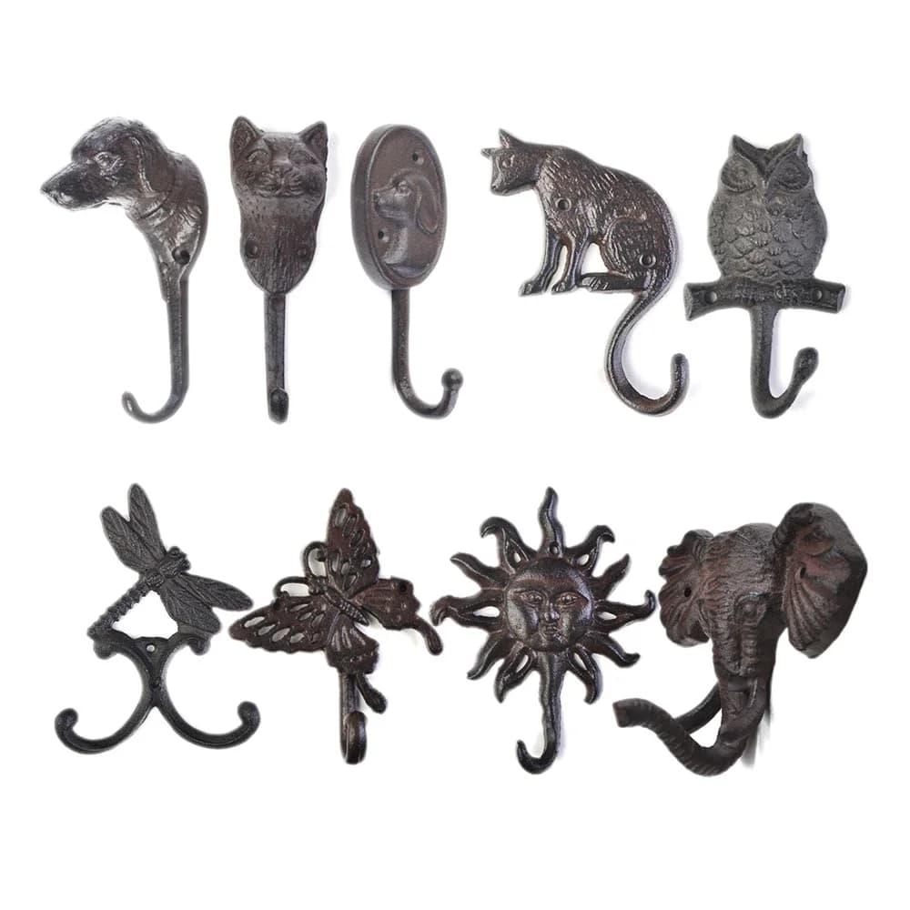 Crochet rustique en fonte pour chien, chat, hibou, libellule, papillon, lumière du soleil, éléphant, cintre mural pour clé, manteau, serviette, décoration de cuisine, 1 pièce