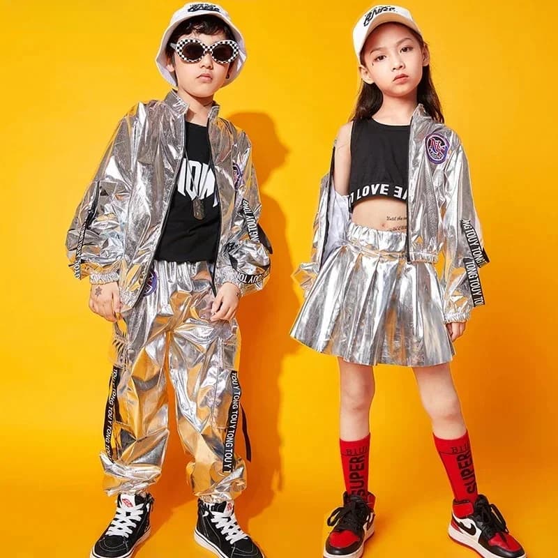 Veste argentée Hip Hop pour garçons et filles, pantalon de jogging Jazz, Mini jupe de danse de rue, ensembles de vêtements pour enfants, Costumes à paillettes, Streetwear pour enfants
