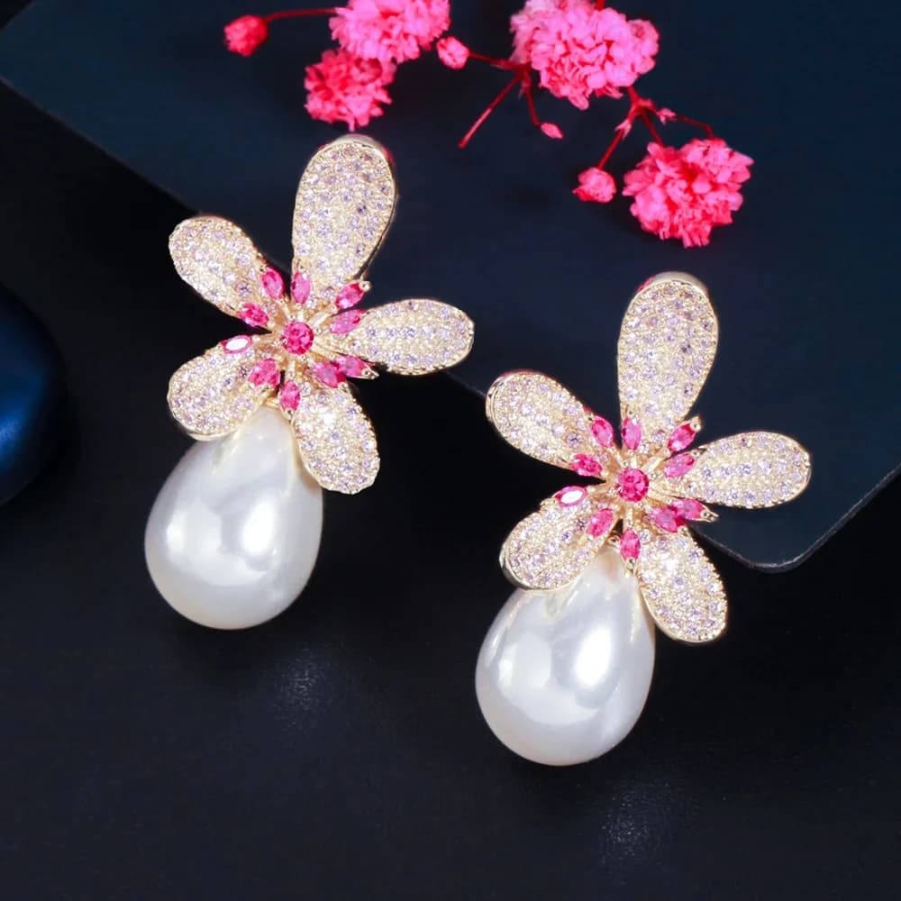 CWWZircons – boucles d'oreilles géométriques en zircone cubique rouge, grande fleur, goutte de perle pour femmes, bijoux de luxe, fiançailles, mariage, CZ875