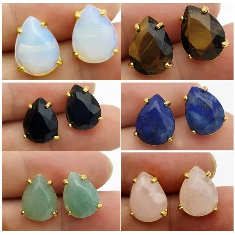 Boucles d'oreilles en forme de goutte d'eau, couleur dorée, pierre naturelle à facettes, cristal de Quartz rose, œil de tigre, opale, bijoux de guérison pour femme