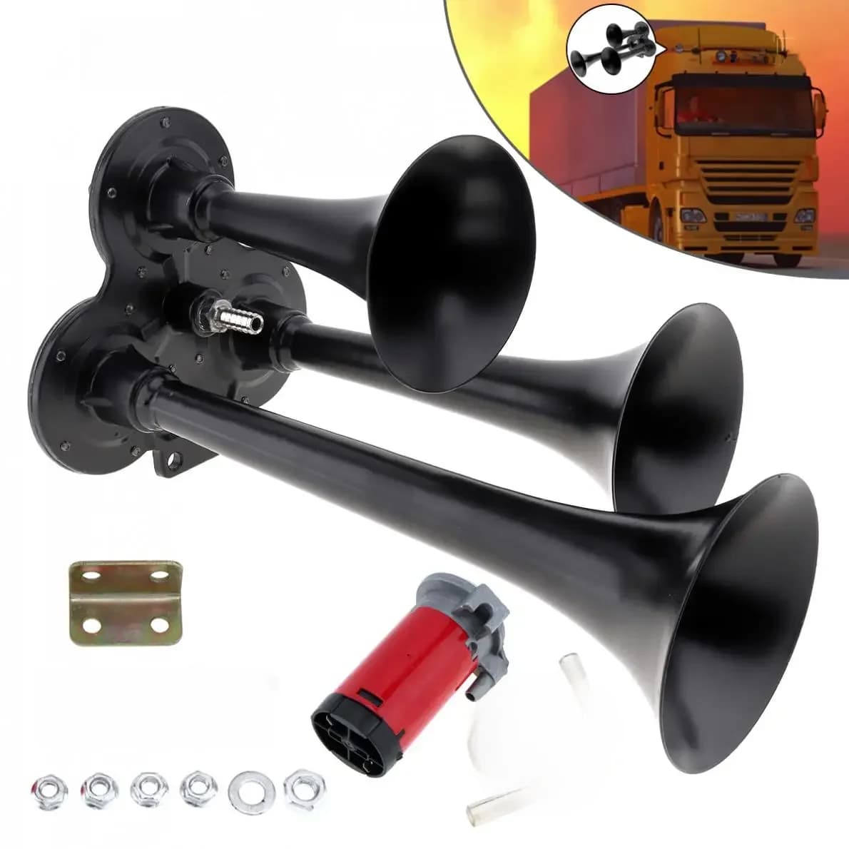 Ensemble de klaxon à Air Triple ton Super fort 12V, trompette rouge, compresseur de Train, klaxon à Air adapté pour moto, voiture, camion, bateau