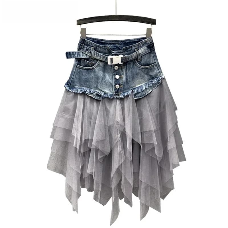 Punk femmes Denim jean maille Patchwork dentelle jupe taille haute une ligne asymétrique volants Tulle plissé Midi Y2K gothique Chic jupes