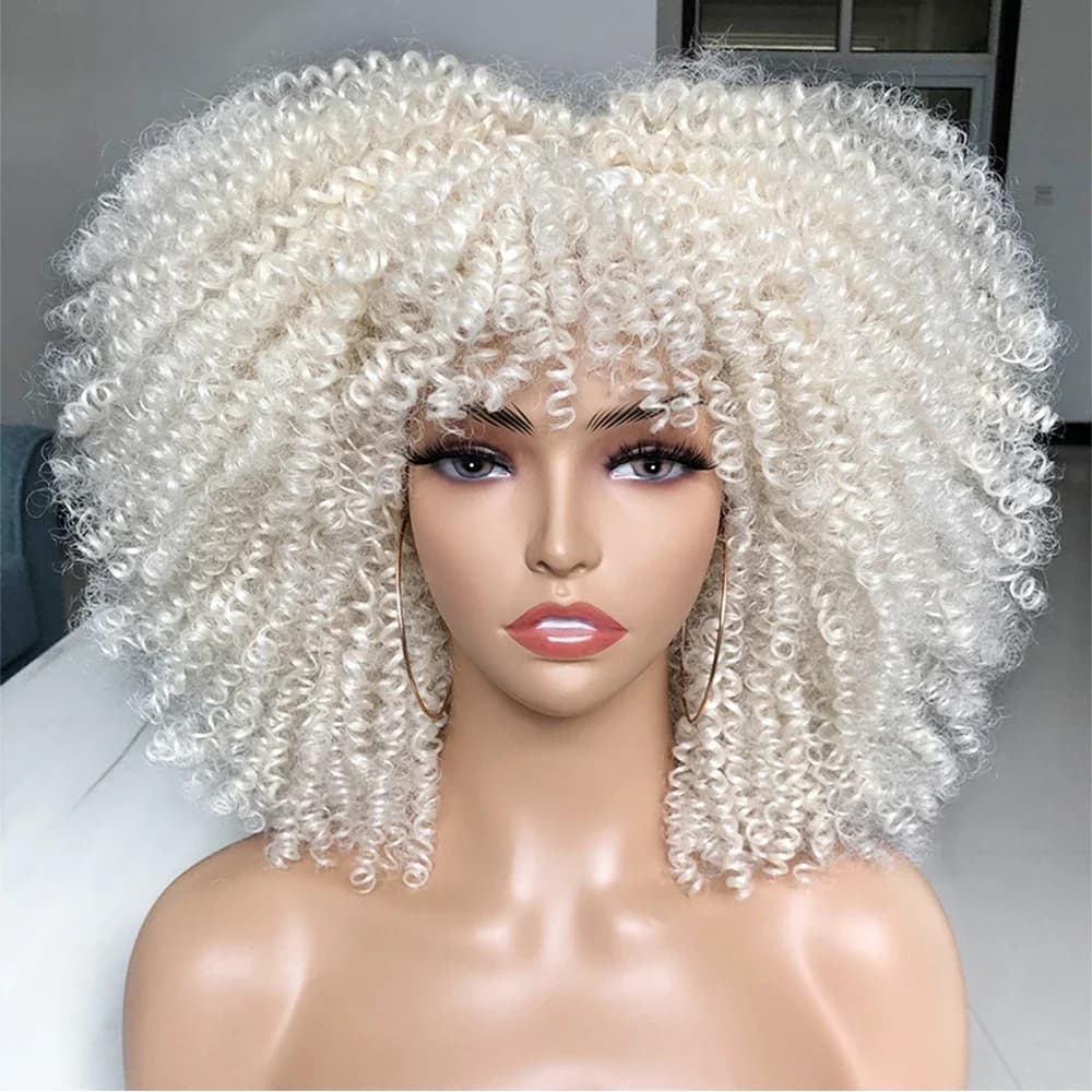 Perruques Afro courtes crépues bouclées avec frange pour femmes noires, perruque de Cosplay Lolita synthétique naturelle Blonde blanc rose bleu vert