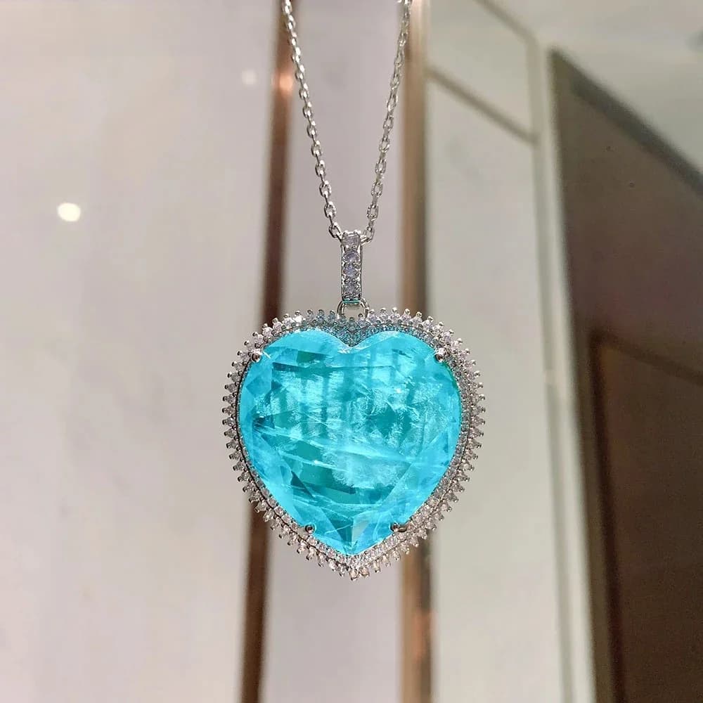 Collier pendentif en pierre précieuse Moissanite pour femme, coeur, cristal bleu, tourmaline Paraiba, bijoux fins, cadeau des travailleurs, 32x32mm, 2021