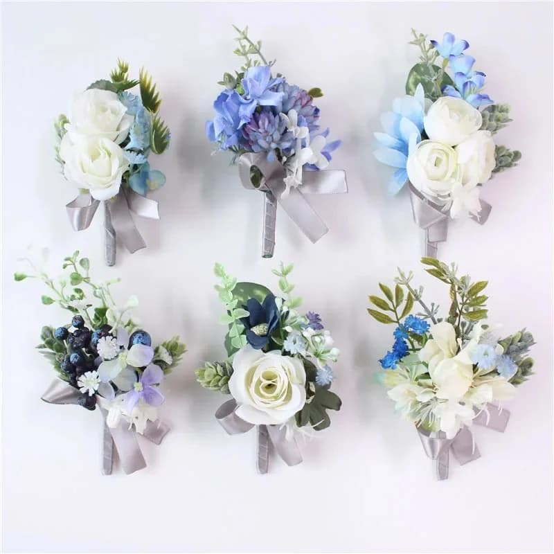 Meldel Corsage marié boutonnière épinglette mariée poignet Corsage blanc bleu Rose Bracelet fête de mariage décor Floral personnel