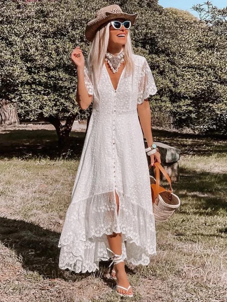 Robe femmes épaules dénudées dentelle Patchwork robe élégante décontracté bohème col en V profond manches courtes robes amples robes d'été