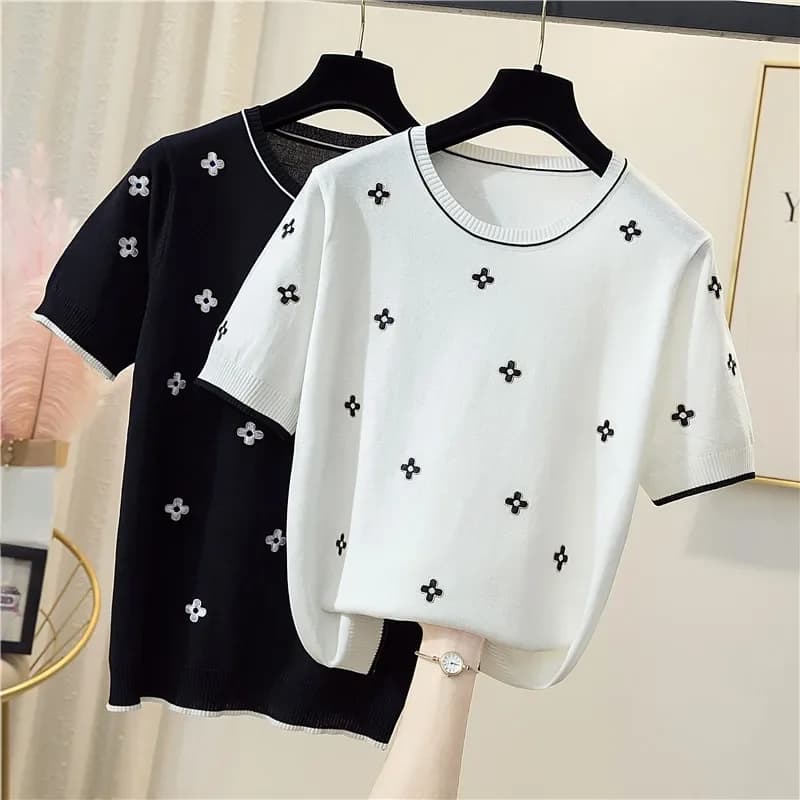 T-shirt manches courtes col rond femme, décontracté, en coton, avec fleurs, été 2024