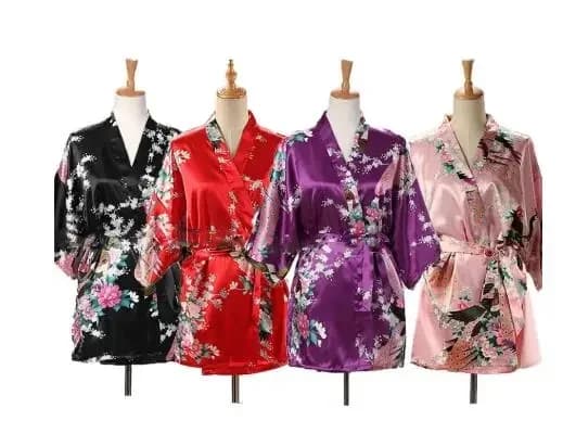 Kimono japonais Yukata en satin de soie à lacets pour femme, imprimé paon, style court, vêtement de nuit, robe de chambre, peignoir, costume