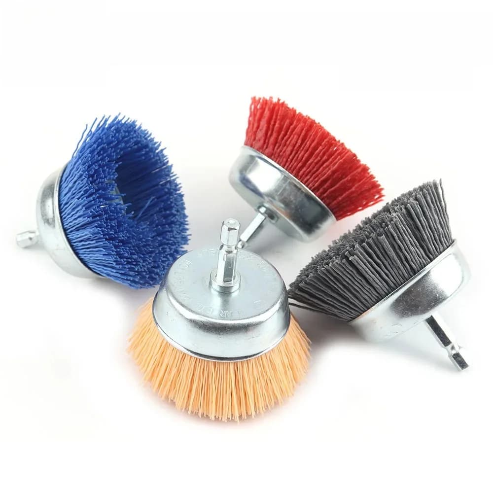 Brosse à roue métallique en nylon pour perceuse, 75mm, outil lointain, polissage du bois, ébavurage, tige de 6mm avec uant KampGrit