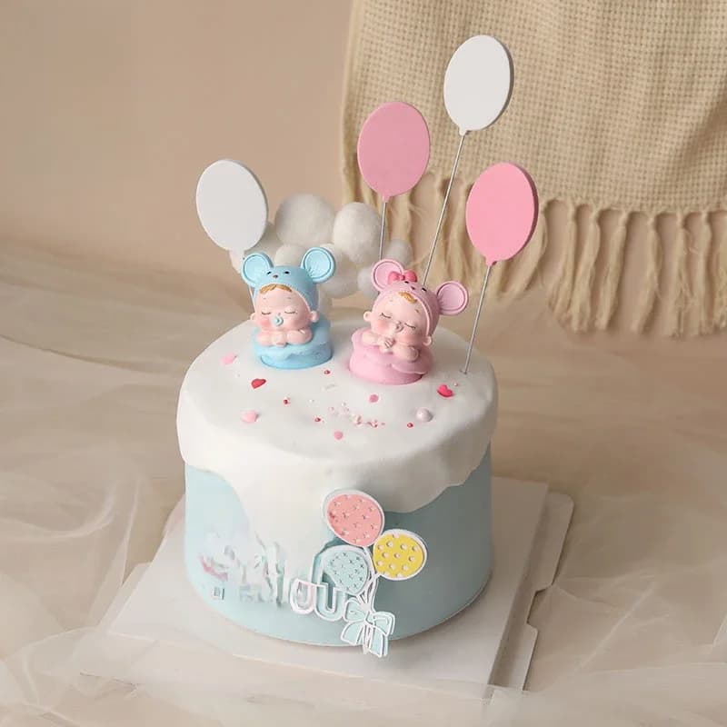 Décoration de gâteau en forme de souris pour bébé fille et garçon, ballon en boule de poils bleu et rose, cadeaux mignons pour dessert et fête, 1er 100 jours