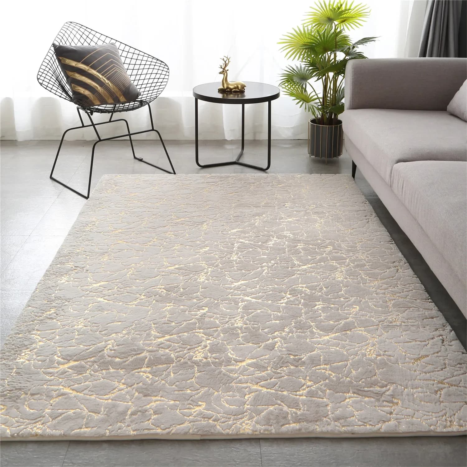 Tapis moelleux en fausse fourrure de lapin pour la décoration intérieure, zone lea crack, impression de feuille d'or, polymères de chevet doux, tapis de salon, tapis de jeu pour enfants