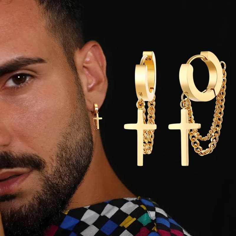 Paire de boucles d'oreilles Huggie Hoops à Double chaîne en acier inoxydable pour hommes et femmes
