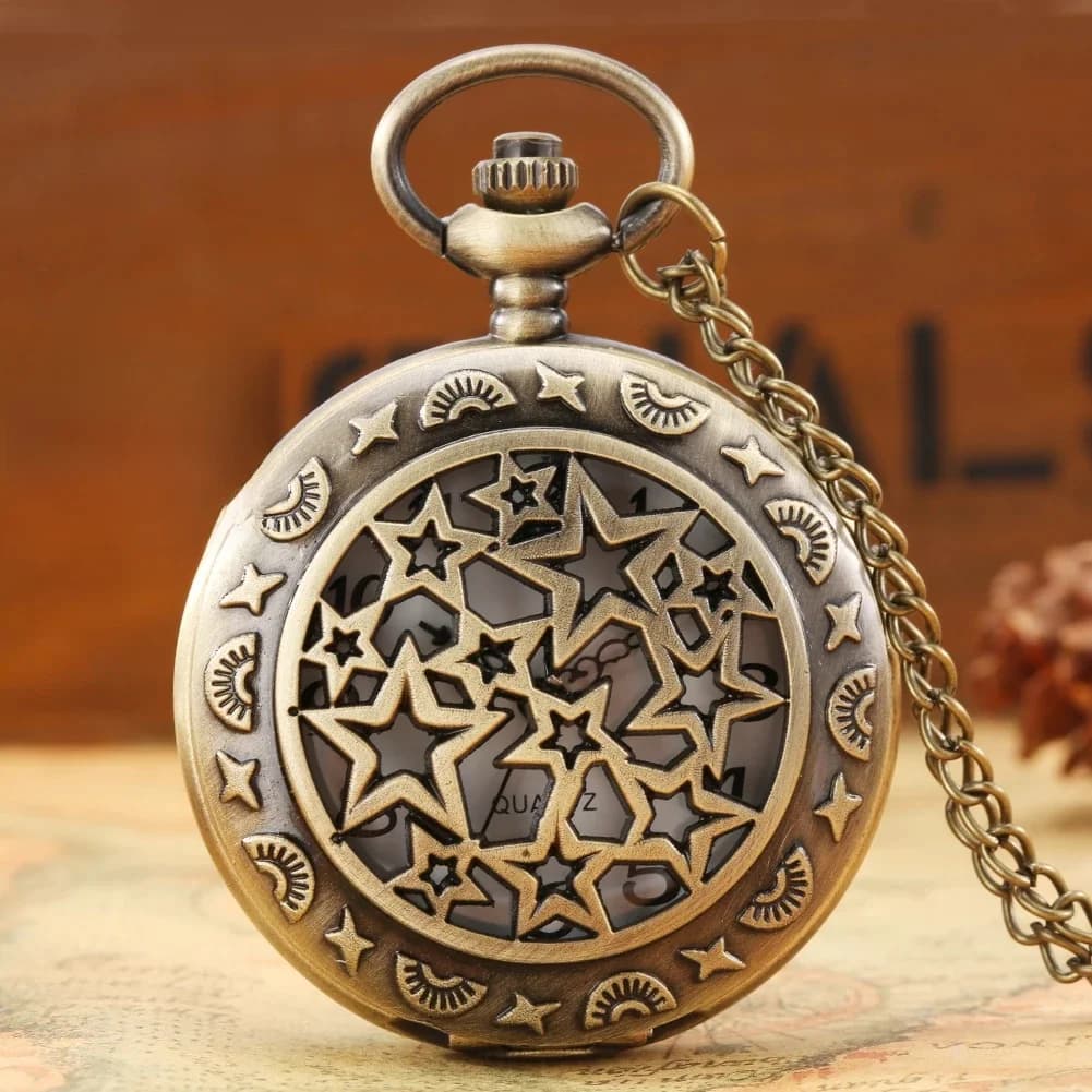 Montre de Poche à Quartz en Bronze, Design Étoiles Creuses, Collier, Pendentif, Horloge, Cadeau Antique, Renforcement, pour Homme et Femme