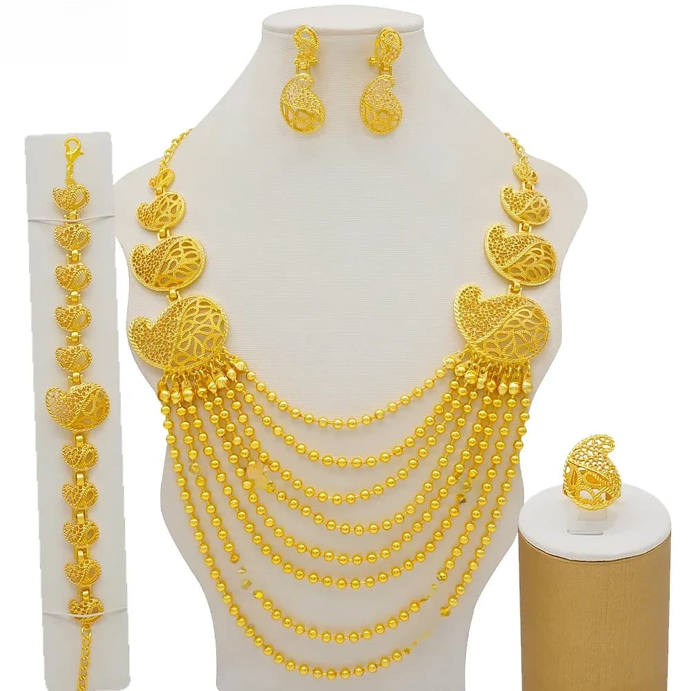 Ensemble de bijoux en or africain pour femmes, bijoux indiens, collier nigwin, bague, boucle d'oreille, accessoires de mariage, Dubaï