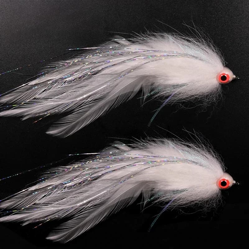 Bimoo 2/0 tête suspendue Lumo yeux 3D banderole blanche appât de poisson mouche pour la pêche au bar au brochet Muskie