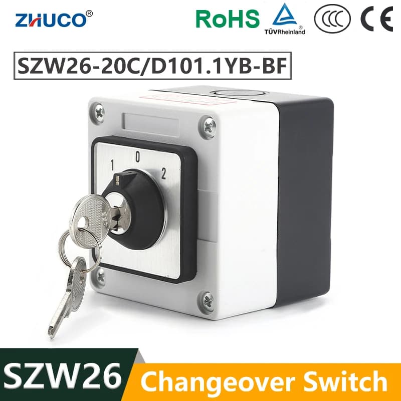 Interrupteur sélecteur universel ZHUCO SZW26/LW26-20 monophasé ON-OFF-ON 20A avec boîte étanche et anti-poussière