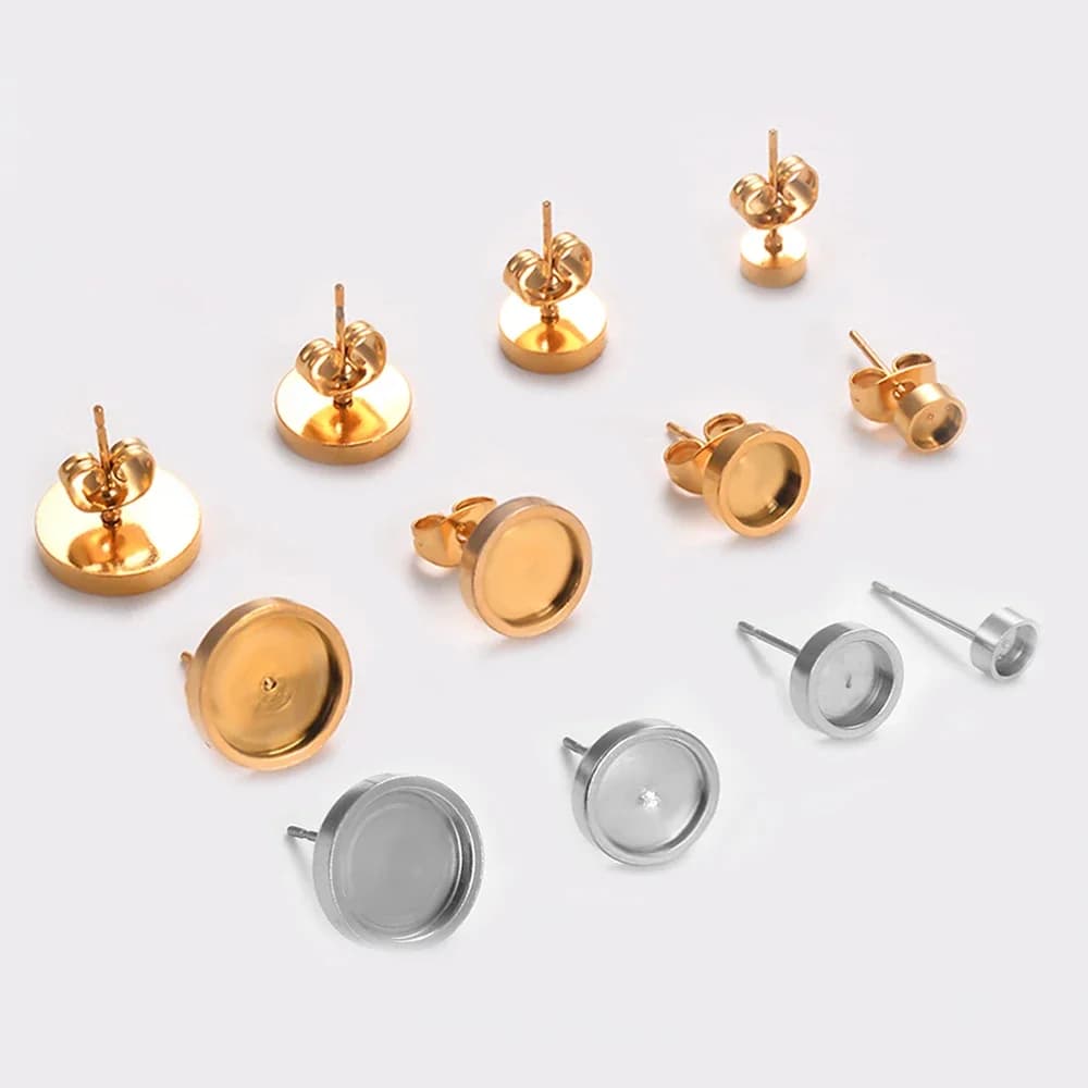 Base de boucles d'oreilles en acier inoxydable, 20 pièces, 4mm 6mm 8mm 10mm, clous, paramètres d'oreille, plateau de Cabochon vierge pour la fabrication de bijoux