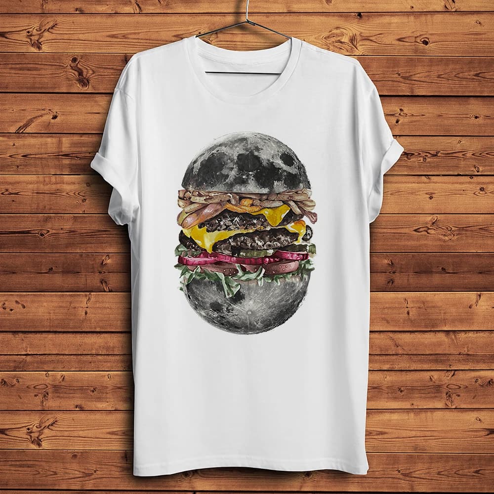T-shirt manches courtes homme, streetwear, estival et humoristique, décontracté et humoristique, geek, avec Moon burger, super hamburger, blanc, unisexe
