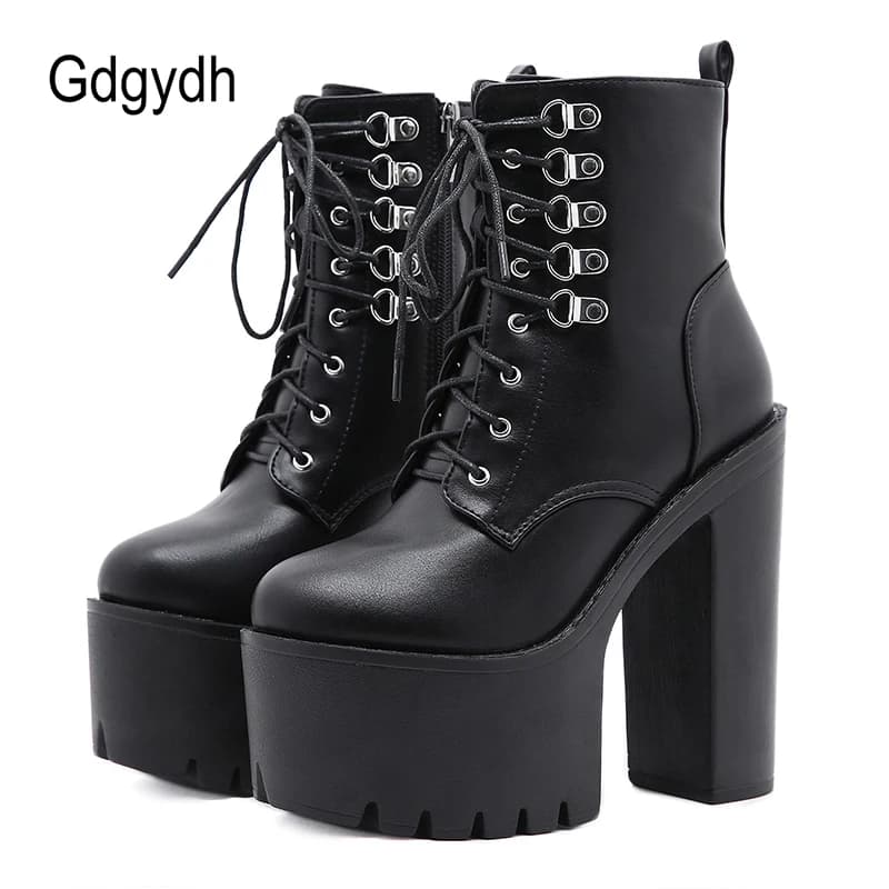 Gdgydh Bottes de moto à talons ultra hauts pour femmes Style gothique Rivet sexy Noir Cuir souple Plaforme Talon épais Bottes de chevalier punk