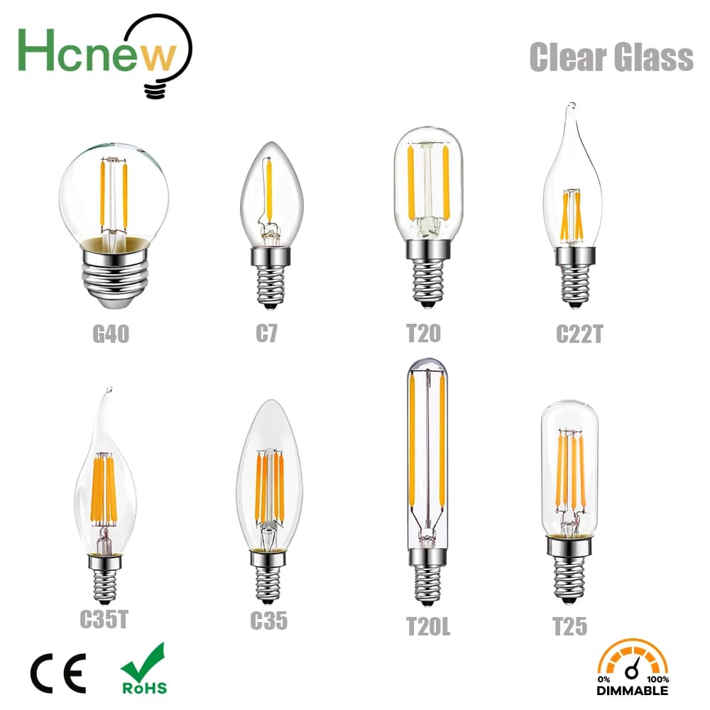 Ampoules à filament Edison Hcnew E14 LED 220V E12 Dimmable C7 C35 T20 G40 4W 6W pour veilleuse, lustre, lampe à sel et lampe à lave – Remplace l'ampoule