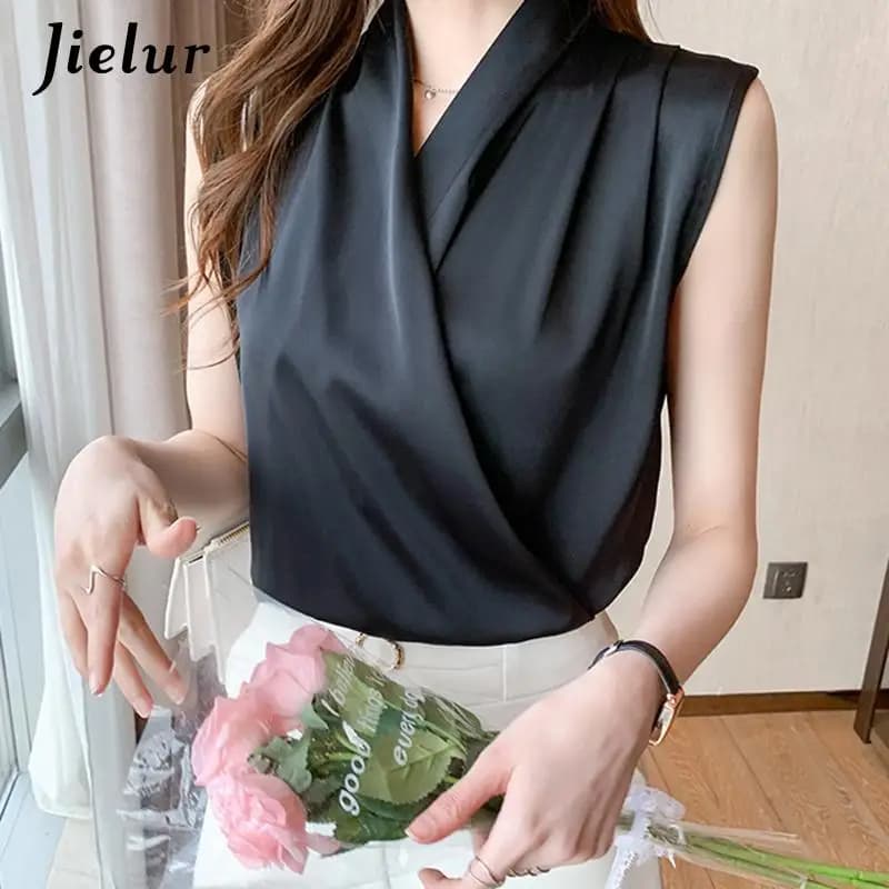 Jielur – chemisier en Satin sans manches pour femme, haut de couleur unie, Blouse de bureau, noir et blanc