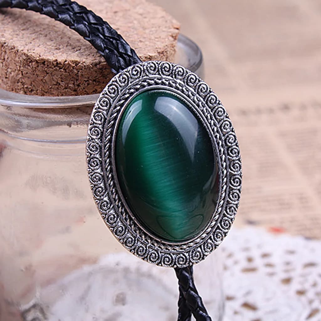Collier Bolo en Cuir Rétro avec Pendentif Agate Time Gem pour Chemise