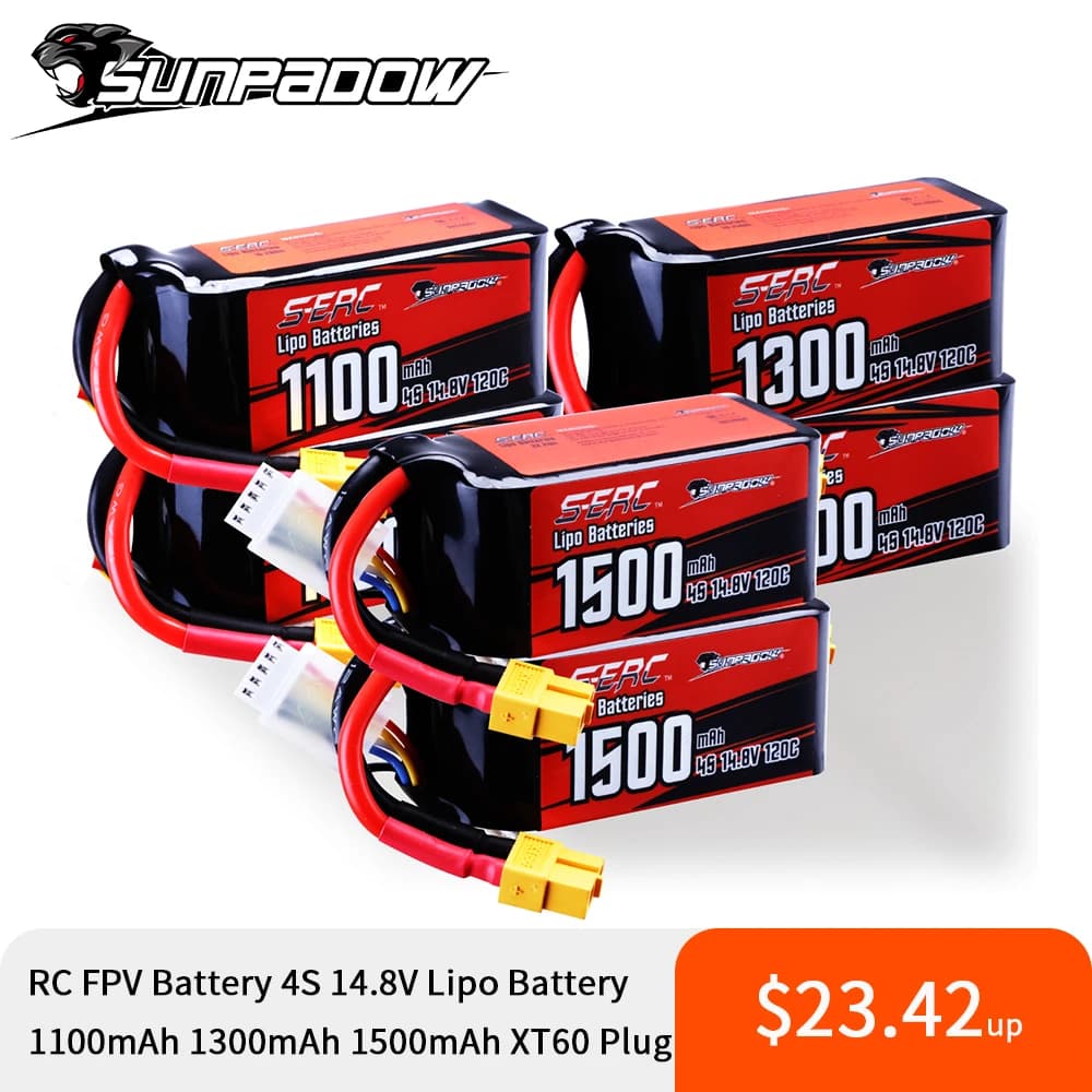 Sunpadow – batterie Lipo 14.8V 4s, 2 paquets, 1100mAh, 1300mAh, 1500mAh, 120C, souple, avec prise XT60, pour modèle RC, Batteries de course et de loisirs