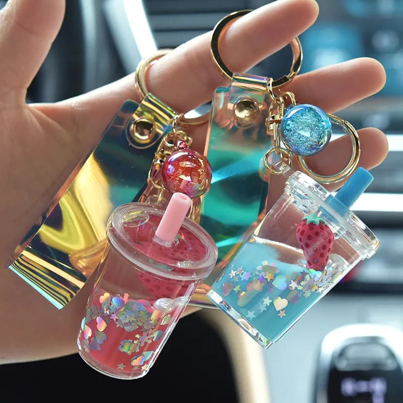 Creative Quicksand Sequin Fruit Harvey Keychains, Cartoon Moving Liquid Milk Tea Cup Keyring, Bag Pendant, Car Key, JOGifts