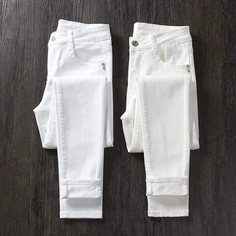 Jean blanc femme taille haute 2026 Printemps Été Automne Coupe ajustée élastique en denim style Mom Jeans 364