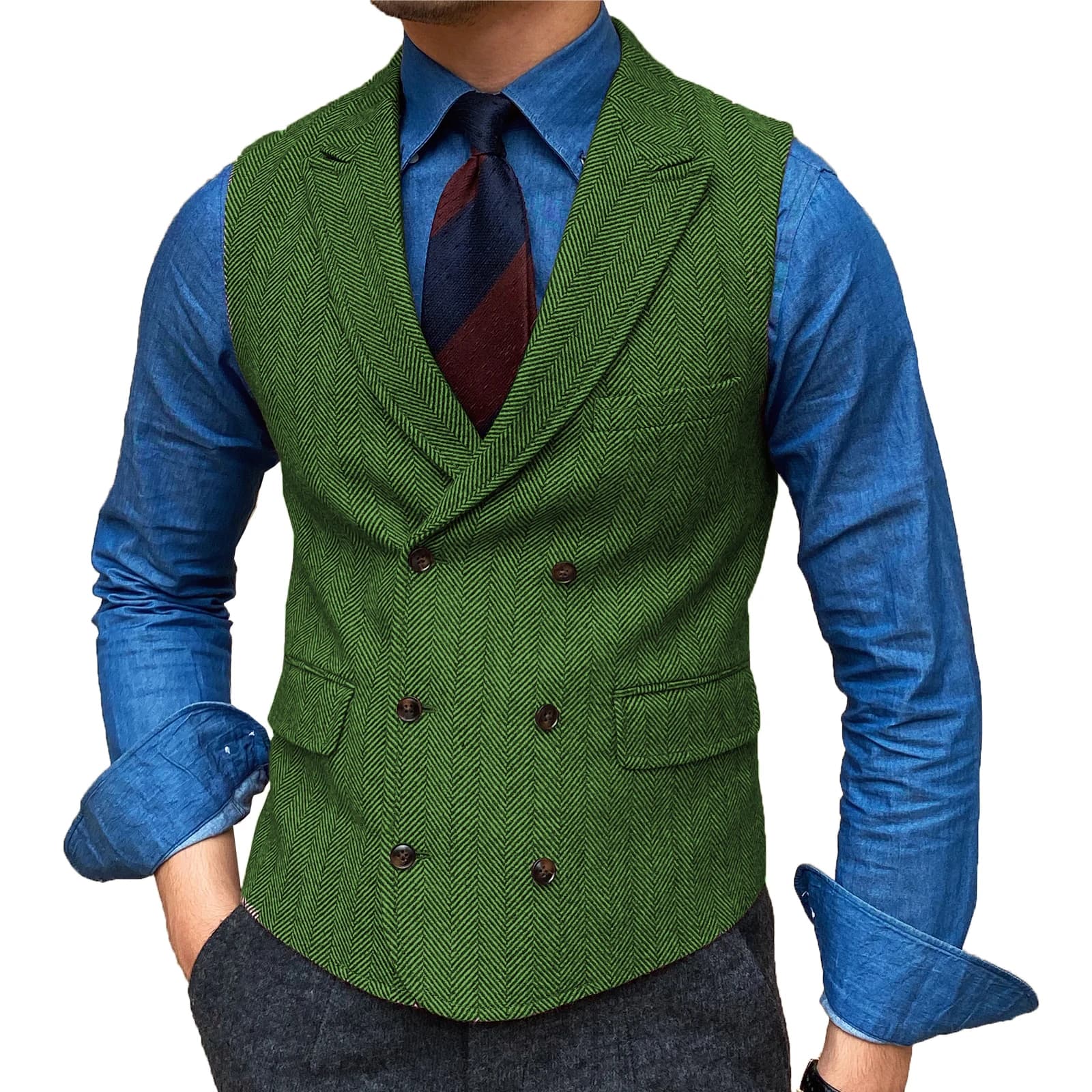 Gilet en laine à col à revers pour hommes, gilet rétro marron, poche formelle décontractée, coupe couvertes pour les affaires, homme d'honneur pour le travail de mariage