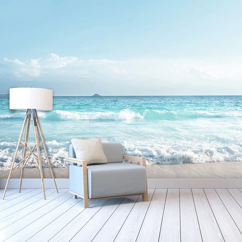 Papiers peints muraux personnalisés avec vue sur la mer et la plage, papier peint de fond de paysage, revêtement mural de canapé méditerranéen, salon
