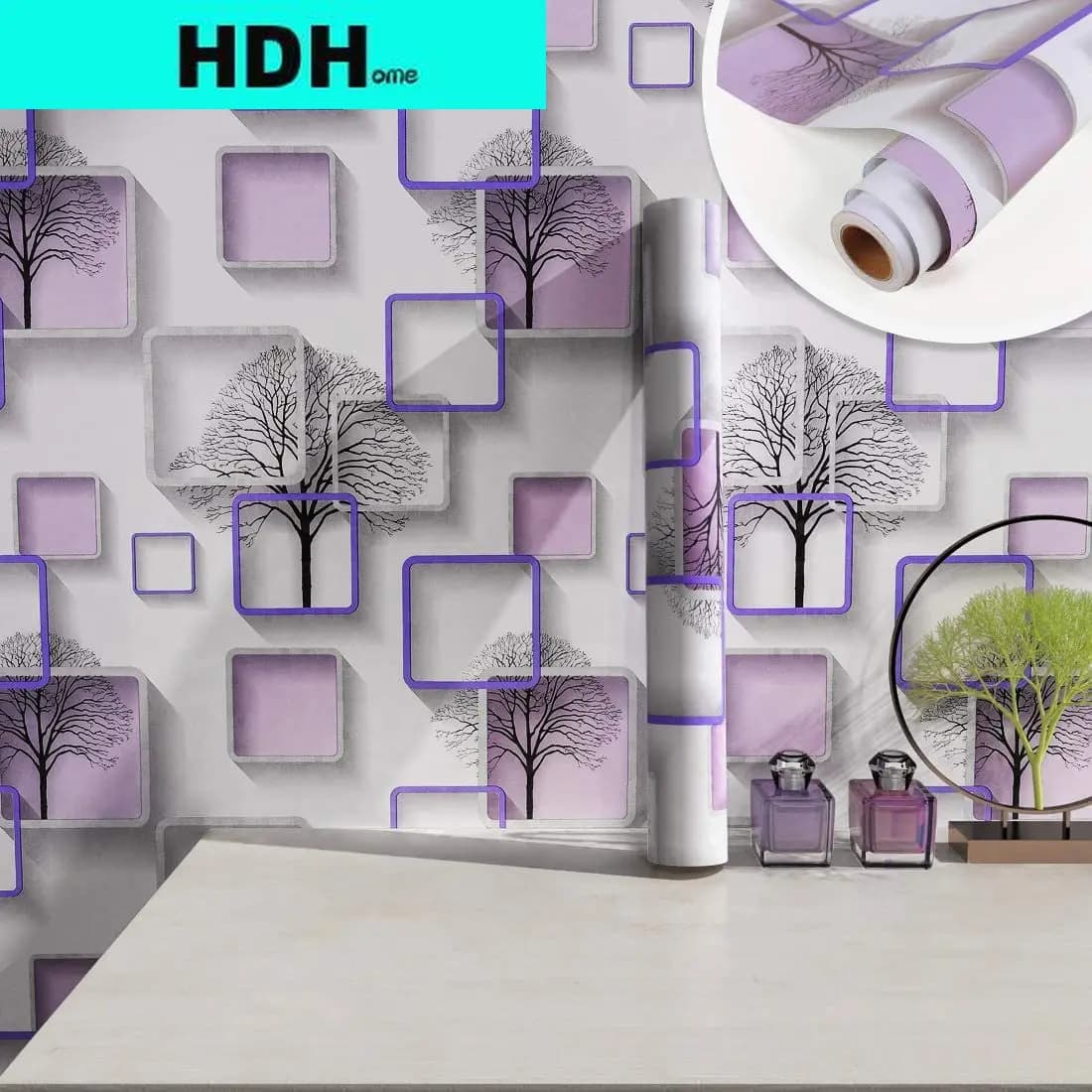 HDHome-Papier peint auto-adhésif violet Peel and Stick, papier peint imprimé arbres décoratifs, papier de contact parfait pour la décoration intérieure
