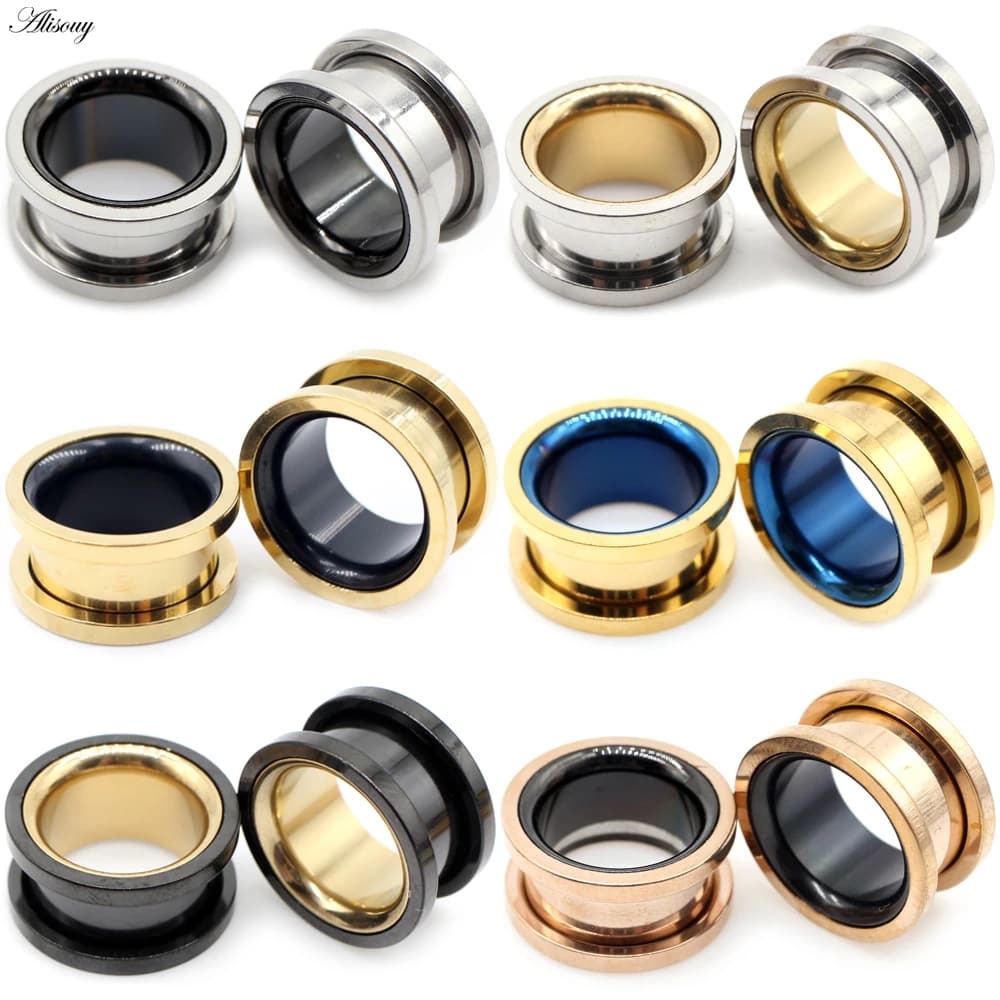Alisouy Lot de 2 Plugs d'oreille évasés simples en acier inoxydable ajouré, Tunnels, Dilatateurs, Écarteurs, Gauges, Piercing de chair, Bijoux de corps