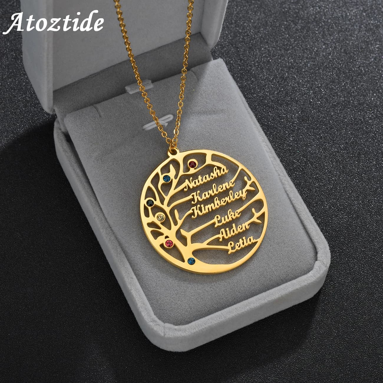 Arbre de vie famille 1-6 noms collier personnalisé en acier inoxydable plaque signalétique d'été avec pierre de naissance pour femmes hommes cadeau d'anniversaire