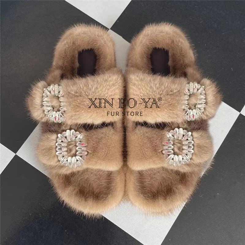 Pantoufles Plates en Fourrure group de Vison pour Femme, Chaussures d'NikChaudes et Douces, de Luxe, de Styliste, Hiver 2024
